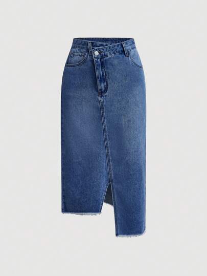 SHEIN MOD Falda mini de mezclilla casual de mujer con abertura frontal y bajo asimétrico, azul