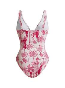 Swim Oasis 2pcs/Set Plus Size Random Print Camisole One Piece Swimsuit For Summer Beach Vacation - Red - View 3