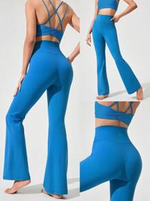 GLOWMODE 31英寸FeatherFit™ Solar Flare 丝滑弹力吸汗无缝高腰喇叭紧身裤，低冲击瑜伽普拉提芭蕾工作室日常休闲装 - 漫遊藍 - 查看 8