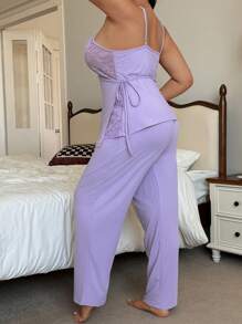 SHEIN Plus Size Knitted Jacquard Contrast Lace-Up Side Sleepwear Set - Purple - View 3