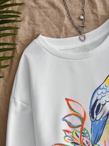 Travachic Summer Simple Tropical Colorful Birds Print Pattern Round Neck Long Sleeve Graphic Sweatshirt,Fall Women Clothes, - White - View 4