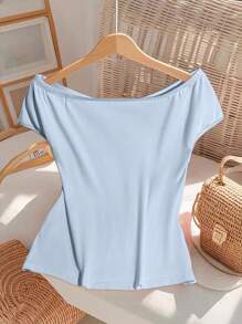 SHEIN Clasi Áo thun tay ngắn bó sát eo đàn hồi hở vai có nơ dệt kim cỡ lớn - Màu xanh nhạt - Xem 2