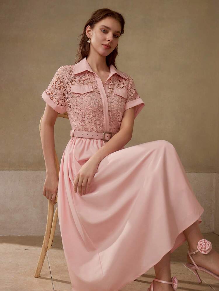 GUIPURE LACE BODICE BUCKLE BELTED MIDI SHIRT DRESS