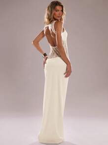 SHEIN BAE 女式黑色蕾丝拼布不对称无袖紧身连衣裙，性感度假透视连衣裙 - 杏色 - 查看 4