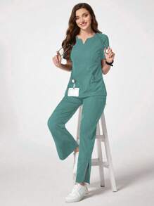 TaskEZ Solid Color Notched Neck Short Sleeve Top And Pocket Shorts Scrub Uniform Set - Green - View 7
