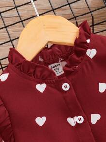 SHEIN 年輕女孩愛心印花短前長後襯衫和褲子,休閒舒適的拼色2件套裝 - 紅色 - 查看 4