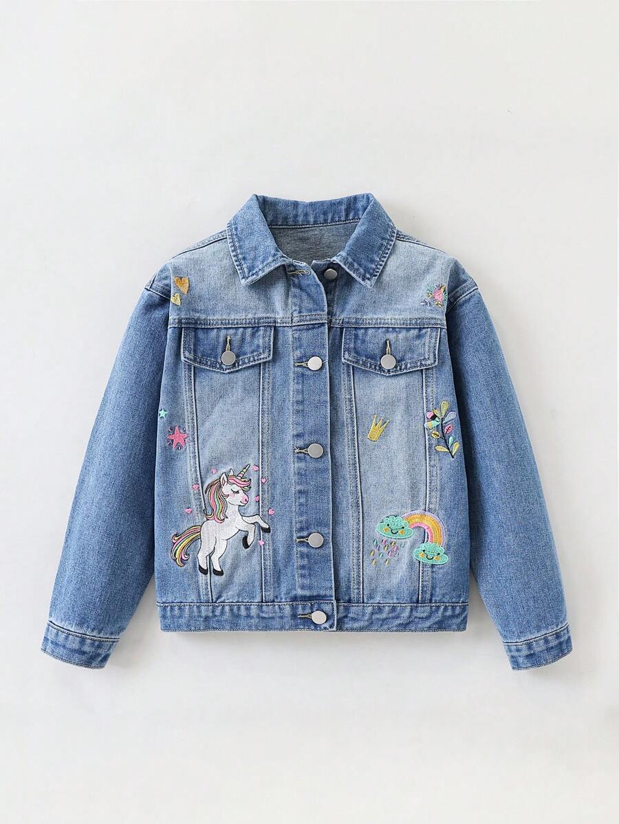 Sparklyn Denimly Girls 时尚、舒适、百搭的户外学院风夹克，带有刺绣星星、花朵、彩虹和独角兽图案，翻领，长袖水洗牛仔外套 - 中等水洗藍 - 查看 1