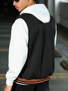 Manfinity Homme 男士秋冬休闲撞色条纹背心 男士运动夹克 棒球夹克 男士橄榄球夹克 运动夹克 男士无袖橄榄球夹克 - 黑色 - 查看 3