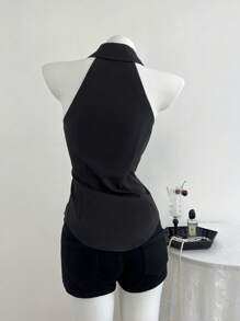 Elamini 白色无袖刺绣修身衬衫，春夏 - 黑色 - 查看 2