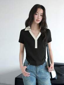 K-Vae Women's Summer Contrasting Color Edge T-Shirt, College Style T-Shirt, Daily Casual V-Neck Stretch Short-Sleeved T-Shirt