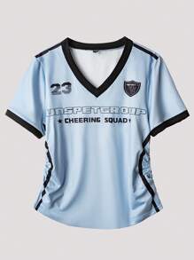 SHEIN MOOSTA Plus Size Fashion Casual Colorblock V-Neck Short Sleeve T-Shirt + Cargo Pants 2-Piece Set, Summer - Multicolor - View 10