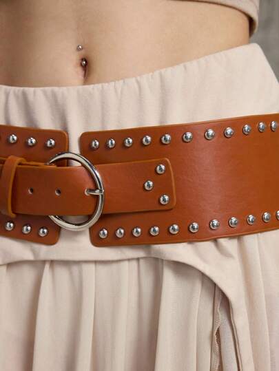 J-Fashion 1 pieza Cinturón ancho estilo western para mujer con remaches en color marrón, accesorio versátil y casual para vestidos y jeans