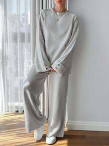 EURMUSE Women Button Detailed Sweater And Pant Set - Grey - View 5