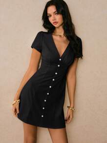 Poéselle 女士优雅纯色前扣迷你连衣裙，夏季 - 黑色 - 查看 7