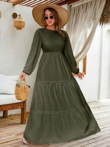EURMUSE LANTERN LONG SLEEVE LAYERED LONG DRESS - Green - View 6