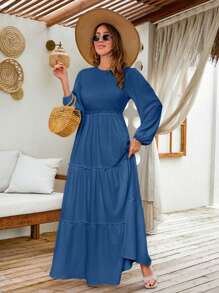 LANTERN LONG SLEEVE LAYERED LONG DRESS - Navy Blue - View 7