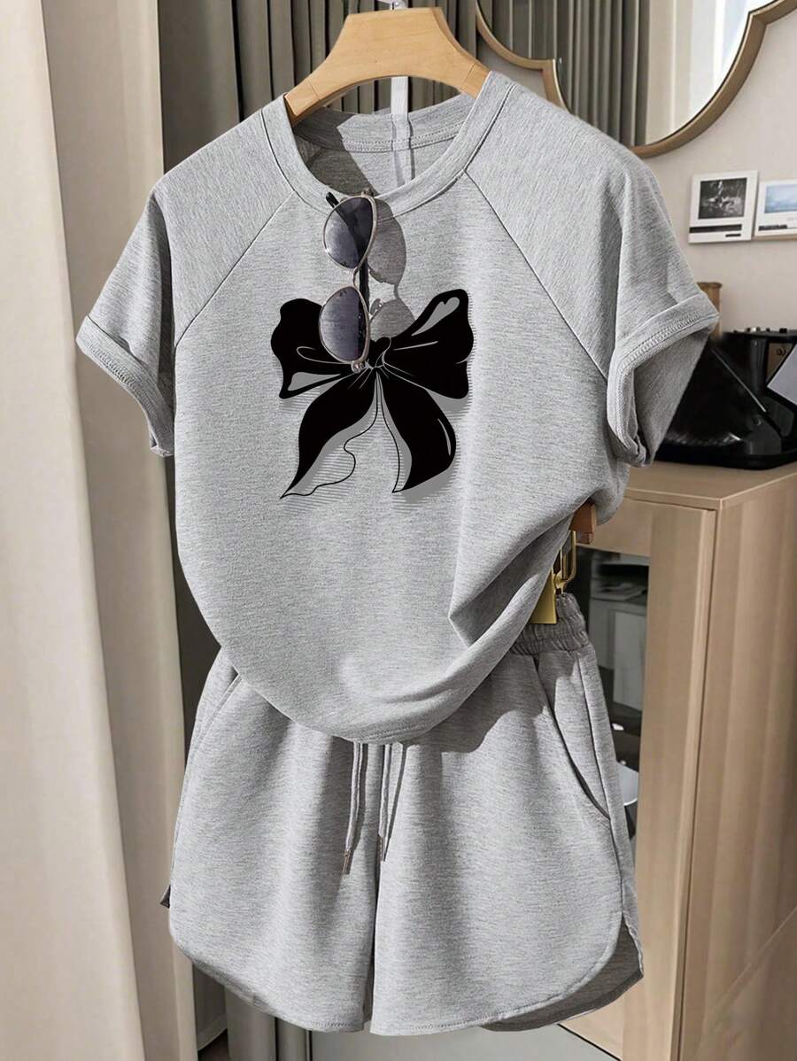 INAWLY Women's Casual Bow Decor 2 Pieces Set - Grey - View 1