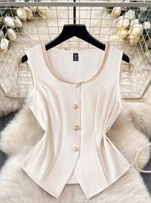 DreamSkyne Plus Size Women Sleeveless Round Neck Single-Breasted Cardigan Blouse, Versatile Fashion Casual Shirt For Spring & Summer, Suitable For Daily Wear & Commuting