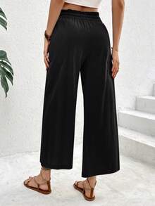 SHEIN Frenchy Quần dài thoải mái, rộng rãi, có dây rút, cạp chun cho nữ vào mùa hè - màu đen - Xem 2