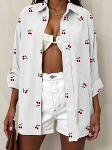 INAWLY Áo thun nữ in họa tiết quả anh đào đi nghỉ thường ngày - trắng - Xem 4