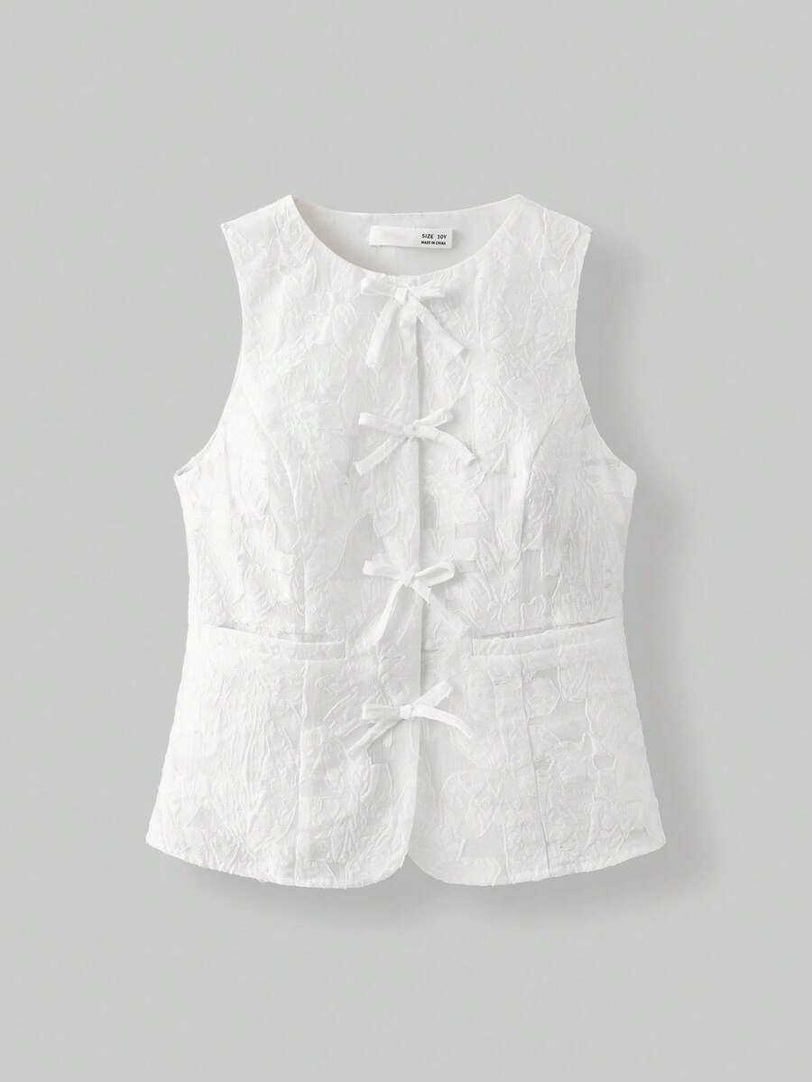 Ontre Tween Girl Bow Decor Jacquard Fabric Camisole - White - View 1