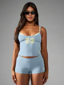 Missguided x Playboy Shorts Justos de Cintura Alta Loungewear Streetwear Festival Praia de Verão - Azul - Visão 7