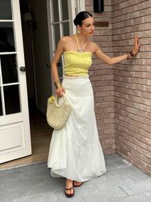 Rafferiza Women's Casual Textured Apricot Color Drawstring Waist Holiday Midi Skirt - Apricot - View 5