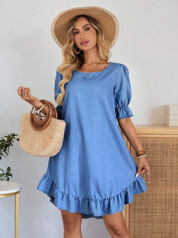 EMERY ROSE New Women's Denim Dress Puff Sleeve Loose A-Line Dress Ruffle Round Neck Dress Midi Dress Autumn Clothing Outing Clothing Casual Office Clothing Music Festival Clothing Country