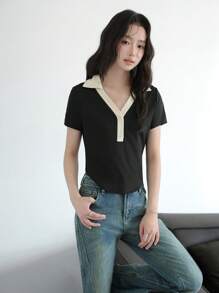 K-Vae Women's Summer Contrasting Color Edge T-Shirt, College Style T-Shirt, Daily Casual V-Neck Stretch Short-Sleeved T-Shirt