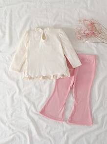 SHEIN Vintaside Kids 2 件婴儿/女婴套装，可爱 3D 花朵公主风格二合一长袖上衣和休闲长裤套装，秋冬 - 粉色 - 查看 2