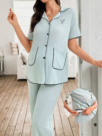 Moonlight & Mama 2件套孕妇爱心刺绣翻领短袖上衣和裤子睡衣套装