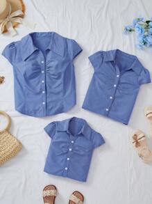 Tween Girls Simple Classic Blue Striped Short Sleeve Stand Collar Cardigan Shirt Girls Striped Shirt Blue Striped Shirt Girls Teen Girl Striped Shirt Kids Blue Striped Shirt Girls Summer Shirt