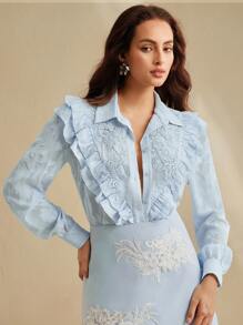Anewsta Women's Long Sleeve Blouse With Embellished Beads, Sequins, And Ruffle Design - Blue - View 5