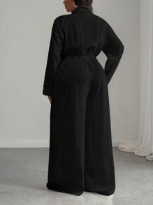 Slaydiva 2025 New Casual Vacation White Versatile Birthday Party Date Daily Simple Casual Basic Commute Sexy Street Long Sleeve Shirt Front Mid-Button Tie-Waist, Pocketed, Wide Leg Pleated Jumpsuit - A, Suitable For Spring/Summer Long Sleeve Jumpsuit Black Jumpsuit Button Up Jumpsuit Wide Leg Pants Jumpsuit Wide Leg Jumpsuit - Black - View 2