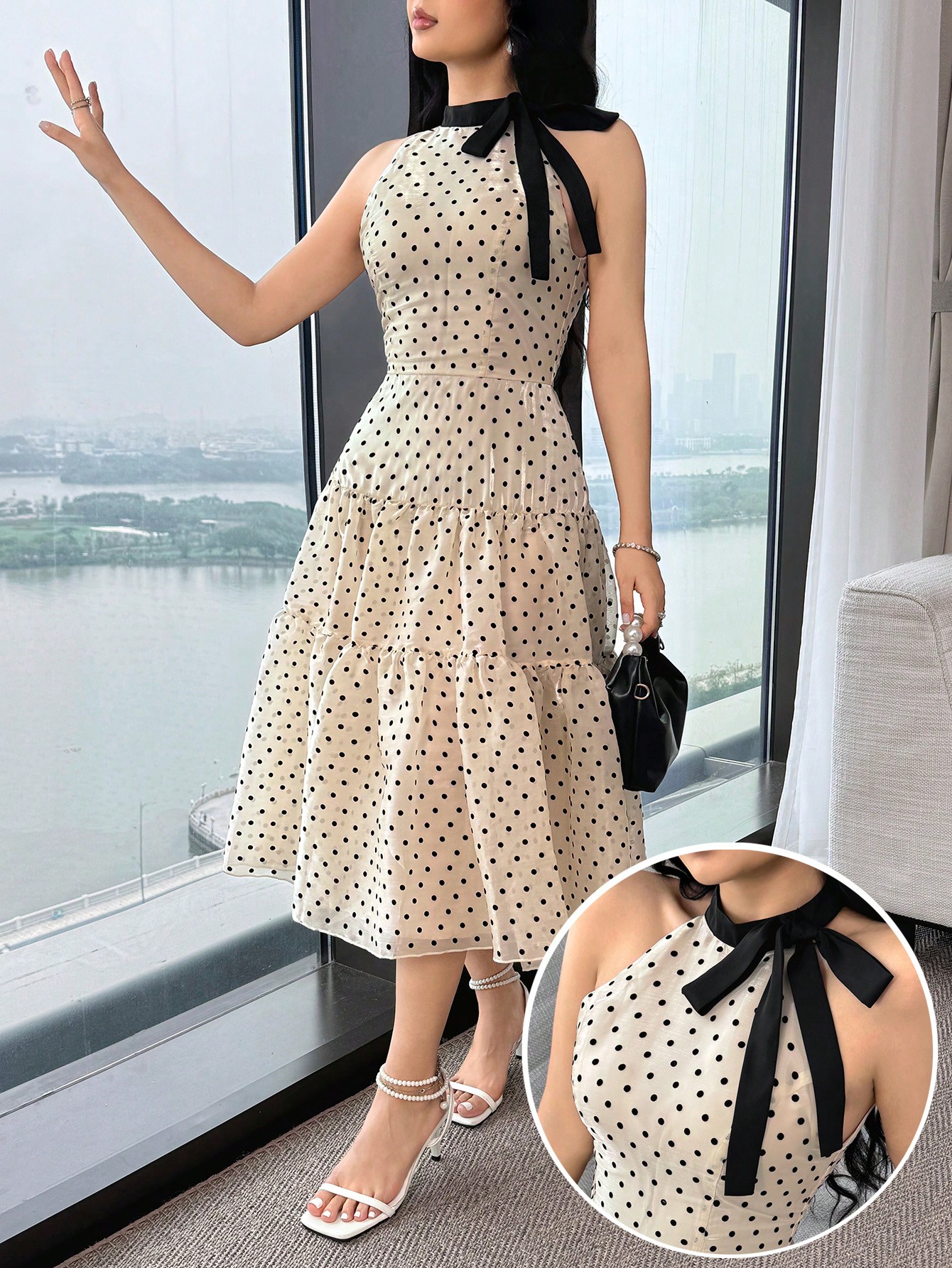 Feyla فستان متوسط الطول بياقة منكشفة وربطات علي ال...