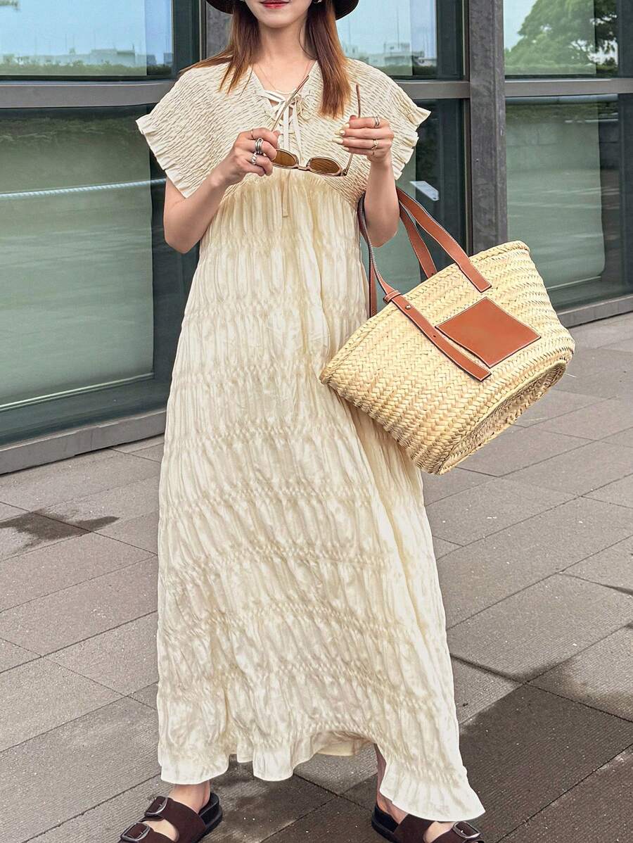 FRIFUL Robe longue décontractée d'été en ligne A ample, unie et à carreaux, avec fronces et nœud papillon pour les femmes