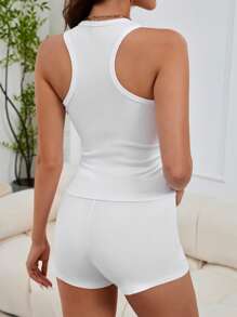 2pcs Women's U-Neck Ribbed Tank Top & Short Fitted Set - White - View 2