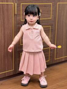 Dazy Kids Toddler Girls' Polo Collar Solid Color Sleeveless Top And Pleated Solid Color Skirt Set - Pink - View 6