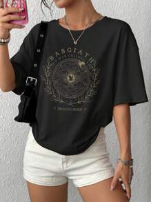 INAWLY Plus Size Women's Summer Slogan And Plant Printed Round Neck Short Sleeve Casual T-Shirt Graphic Tees Women Tops - Black - View 3