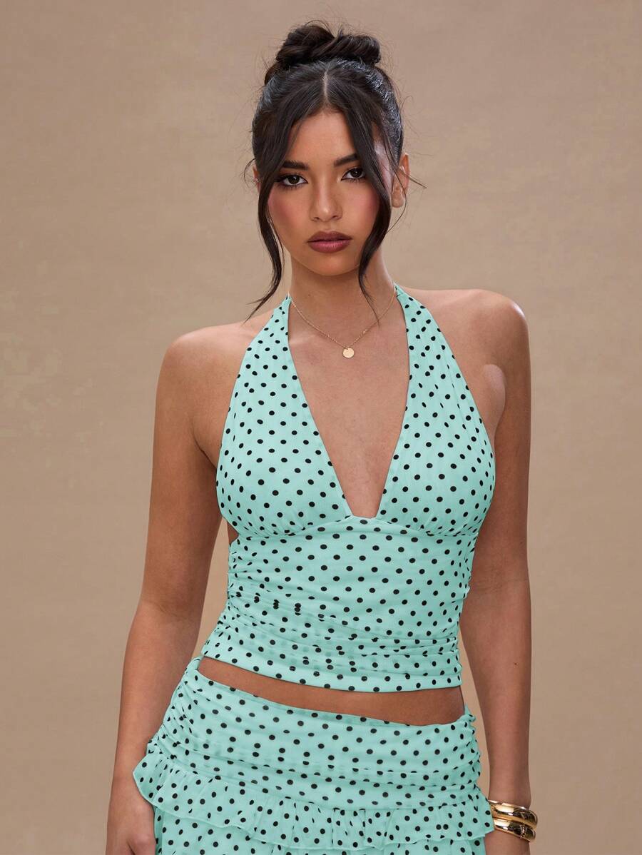 SHEIN BAE Women's Summer Polka Dot Print Plunging V-Neck Halter Camisole Top