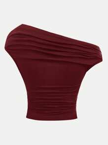 Girlism 少女纯色露肩褶饰紧身短款无袖针织上衣，百搭