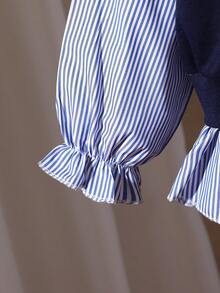 女童条纹领衬衫，甜美公主风蓝白条纹长袖拼接，饰有3D立体花朵荷叶边下摆，柔软轻盈，适合春秋季、开学季及四季穿着 - 藍色 - 查看 8