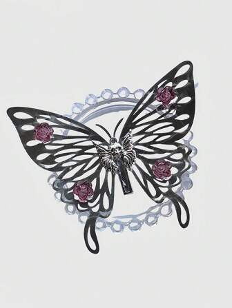 Goth Subcultural Vintage Laser Skull Rose Butterfly Metallic Texture Large Hair Clip