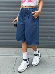 Teen Girls Y2K Fashion Streetwear Solid Washed Denim Loose Baggy Low Waist Pleated Bermuda Shorts Denim Baggy Long Short,Girls Summer Beach Boho Vacation Shorts, Summer Concert Festival Casual Rave Outfits, Girls Summer Brunch Church Graduation Outfits,Streetwear Back To School Outfits - Medium Wash - View 1