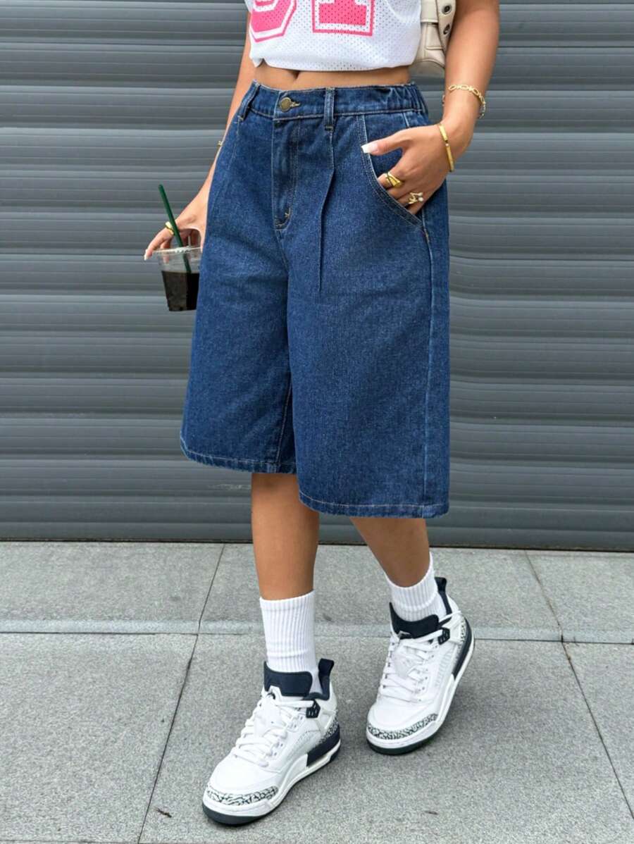 Teen Girls Y2K Fashion Streetwear Solid Washed Denim Loose Baggy Low Waist Pleated Bermuda Shorts Denim Baggy Long Short,Girls Summer Beach Boho Vacation Shorts, Summer Concert Festival Casual Rave Outfits, Girls Summer Brunch Church Graduation Outfits,Streetwear Back To School Outfits - Medium Wash - View 1