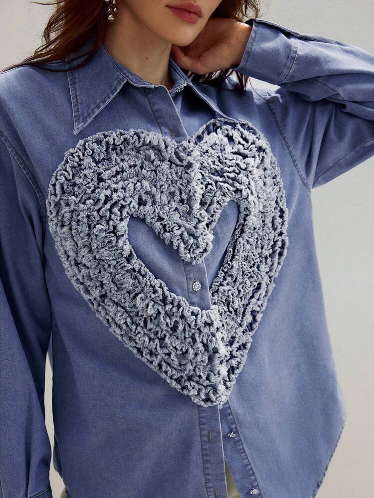 RAW EDGE HEART PATTERN DROP SHOULDER OVERSIZE DENIM SHIRT