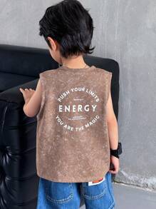 SHEIN Young Boy Letter Print Pattern Washed Loose Knit Casual Top - Brown - View 6