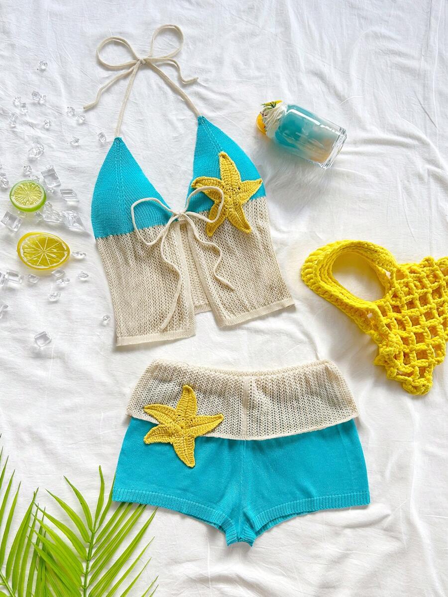 Soleia Casual, Holiday, Beach, Wedding Guest, Graduation Brunch, Women's St. Patrick's Day, Spring Break, Easter, Music Festival Fashion: Bohemian, Tropical, Elegant Halter Neck Backless Bowknot Tank Top And Mini Shorts 2 Pieces Set Starfish Bathing Suit Beach 2 Pieces Set Swimwear 3 Pieces Set (With Cover Up) Crochet Beach Set Beach Club Outfit Swimwear 2 Pieces Set Women Beach Set In Fall/Winter - Multicolor - View 1