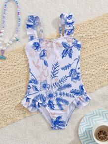 Toddler Girls' One-Piece Swimsuit With Ruffle Trim Floral Print, Perfect For Summer Beach/Holiday - Blue - View 5