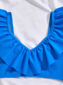 Young Girl Tropical Rainforest Leaf & Flamingo Print Ruffle Trim Bikini Set, Family Matching Outfits Mommy And Me (4 Sets Sold Separately) - Multicolor - View 5